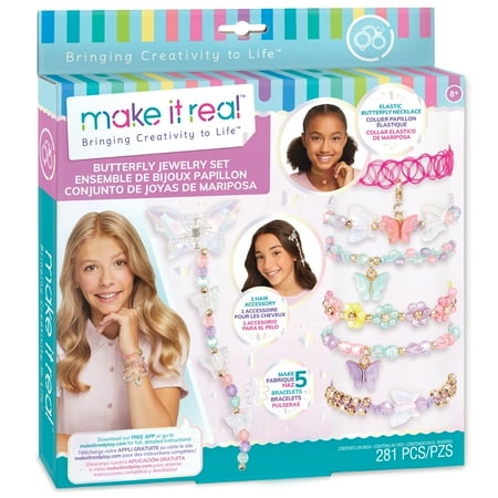 Make It Real: Butterfly DIY Jewelry Set - Create 7 Pieces of Jewelry, Guides You to Design & Create Their Own Fashionable Jewelry, 281 Pieces, Includes Play Tray, Tweens & Girls, Ages 8+