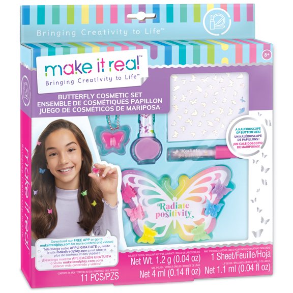 Make It Real: Butterfly Dreams Cosmetic Set - 11 Pieces, Tweens & Girls, Includes 6 Butterfly Hair Clips, Polish, Nail Stickers, 2 Lip Gloss & Instructions, Makeup & Beauty, Ages 8+