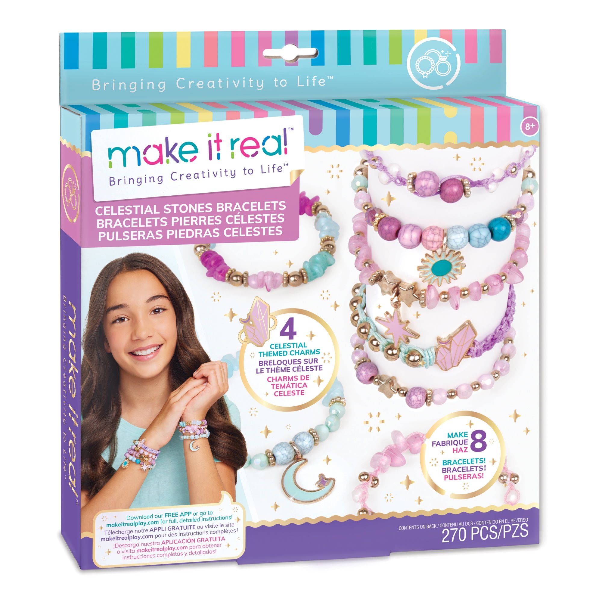Make It Real: Celestial Stones DIY Bracelets Kit - Create 8 Fashionable Bracelets, 4 Awesome Celestial Themed Charms, 270 Pieces, Includes Play Tray, All-In-One, Tweens & Girls, Ages 8+