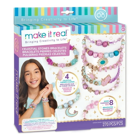Make It Real: Celestial Stones DIY Bracelets Kit - Create 8 Fashionable Bracelets, 4 Awesome Celestial Themed Charms, 270 Pieces, Includes Play Tray, All-In-One, Tweens & Girls, Ages 8+