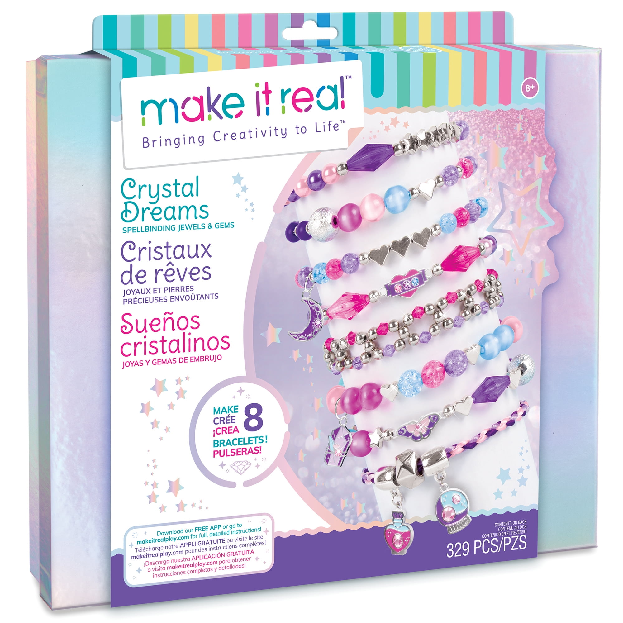 Make It Real: Crystal Dreams DIY Spellbinding Jewels & Gems - Create 8 Unique Charm Bracelets, 329 Pieces, Pink Purple & Blue, Tweens & Girls, Arts & Crafts, Kids Ages 8+