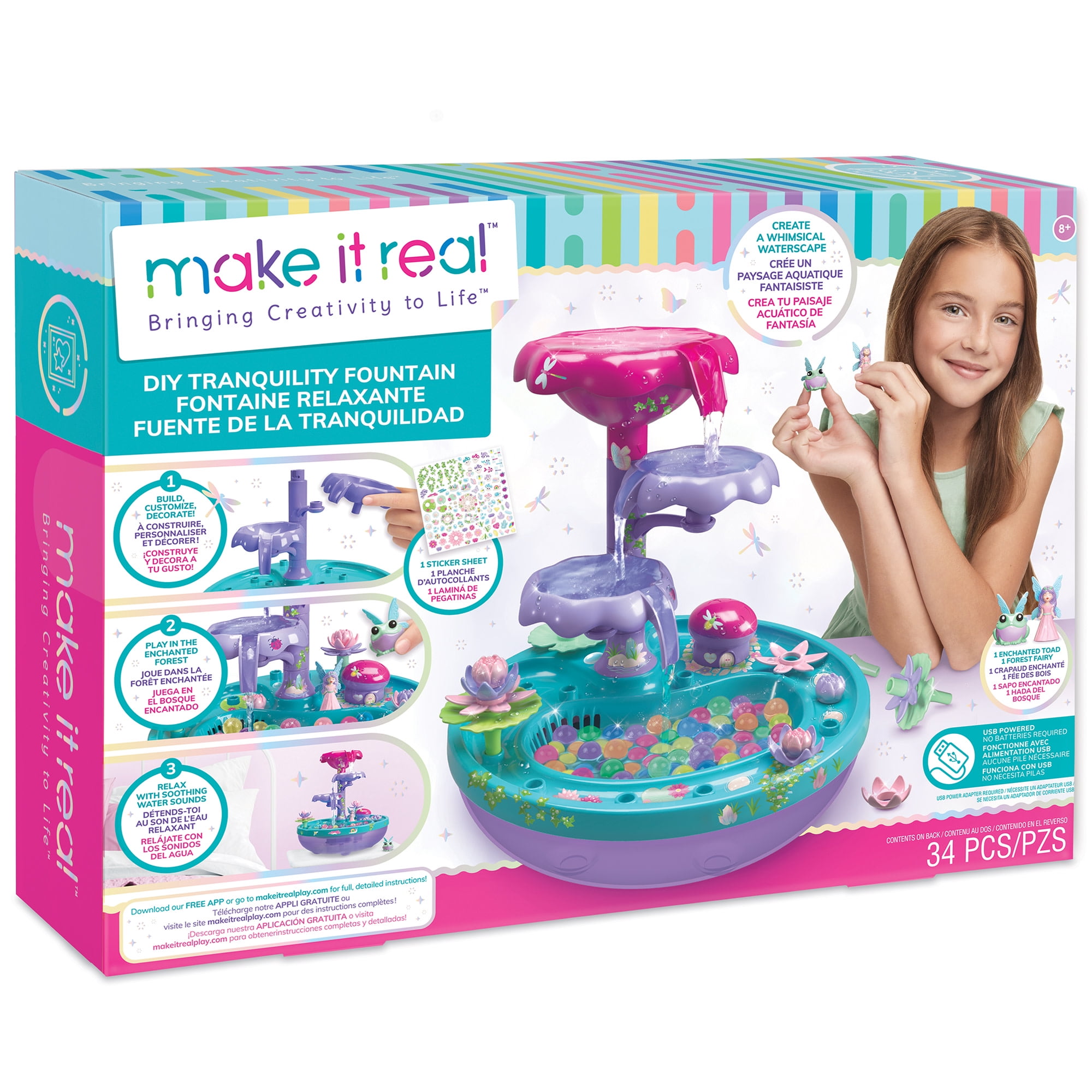 Make It Real: DIY Tranquility Fountain - Build a Whimsical Water Space, Water Falling & Sensory Experience, 30+ Pieces, Build-Play-Relax, USB Powered Water Feature, Tweens & Girls, Kids Ages 8+