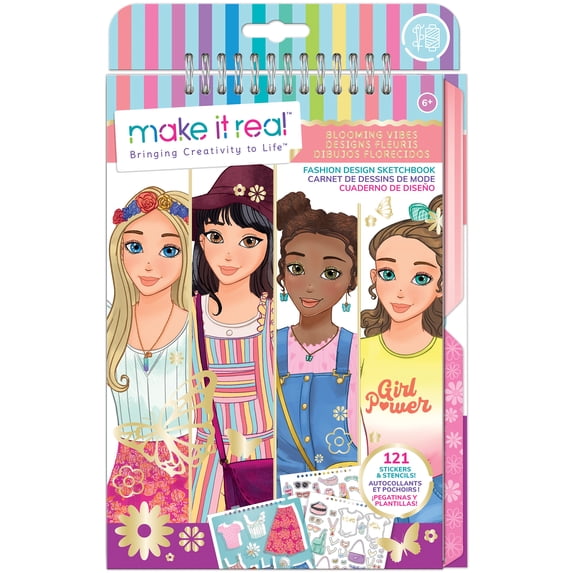 Make It Real: Fashion Design Sketchbook: Blooming Vibes - Includes 121 Stickers & Stencils, Draw Sketch & Create, Fashion Coloring Book, Tweens & Girls Ages 6+