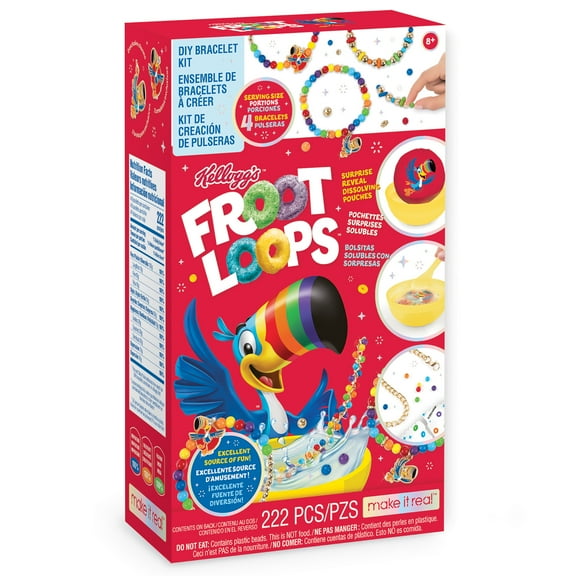 Make It Real: Kellogg's Cerealsly Cute - Froot Loops - DIY Bracelet Kit, 222 pcs, Toucan Sam Charms, Create 4 Cereal Themed Bracelets, Tweens, Girls & Kids Ages 8+