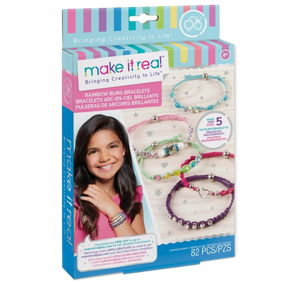 Make It Real: Rainbow DIY Bling Bracelets Kit - Create 5 Unique Cord Charm Bracelets, 82 Pieces, Includes Play Tray, All-In-One, Tweens & Girls, Arts & Crafts, Kids Ages 8+