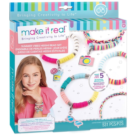Make It Real: Summer Vibes Heishi Bead Set - Create 5 Unique Cord Charm Bracelets, 531 Pieces, Includes Play Tray, All-In-One, DIY Charm & Bead Jewelry Kit, Tweens & Girls, Arts & Crafts, Kids Ages 8+