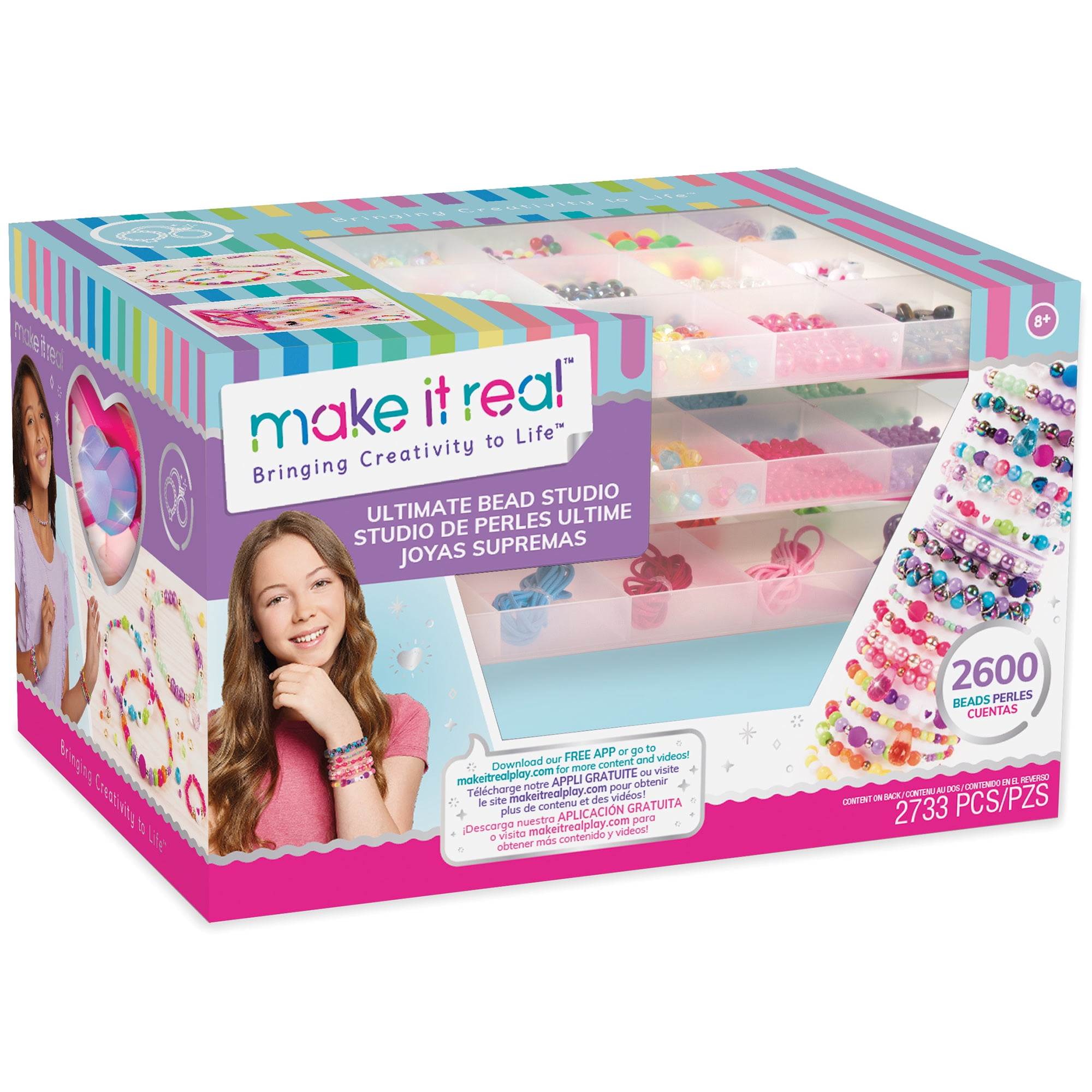 Make It Real: Ultimate Bead Studio - 2600 Pieces, Includes Beads Cord & Jump Rings, Organizer With 3 Trays, Bead Storage, Jewelry Kit, Make Bracelets Necklaces & More, Kids Ages 8+