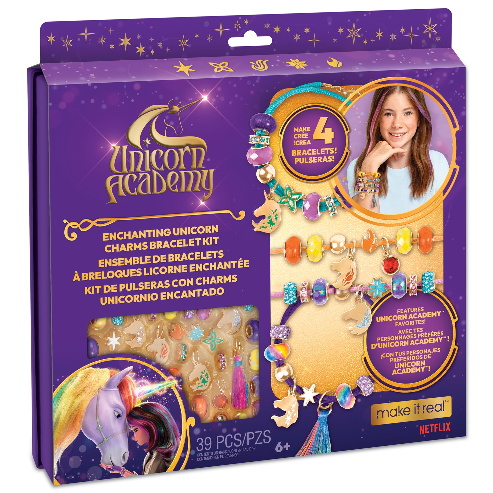 Unicorn Academy: Enchanting Unicorn Charms Bracelet Kit - 39pc DIY Jewelry Craft, Make 4 Charm & Bead Bracelets, Netflix Series, Kids 8+