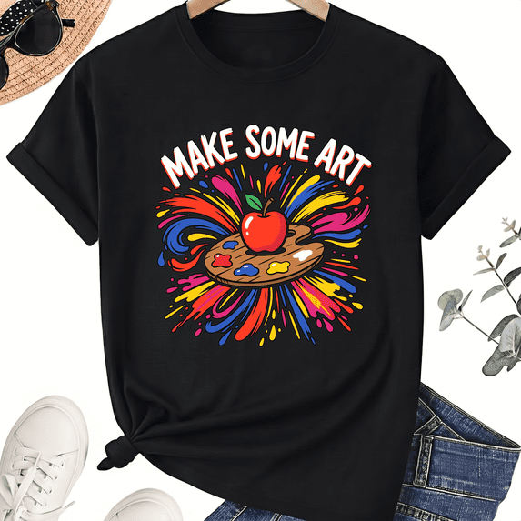 Make Some Art Teacher T-Shirt for Women, 100% Cotton Crew Neck Short Sleeve Shirt, Colorful Art Class Graphic