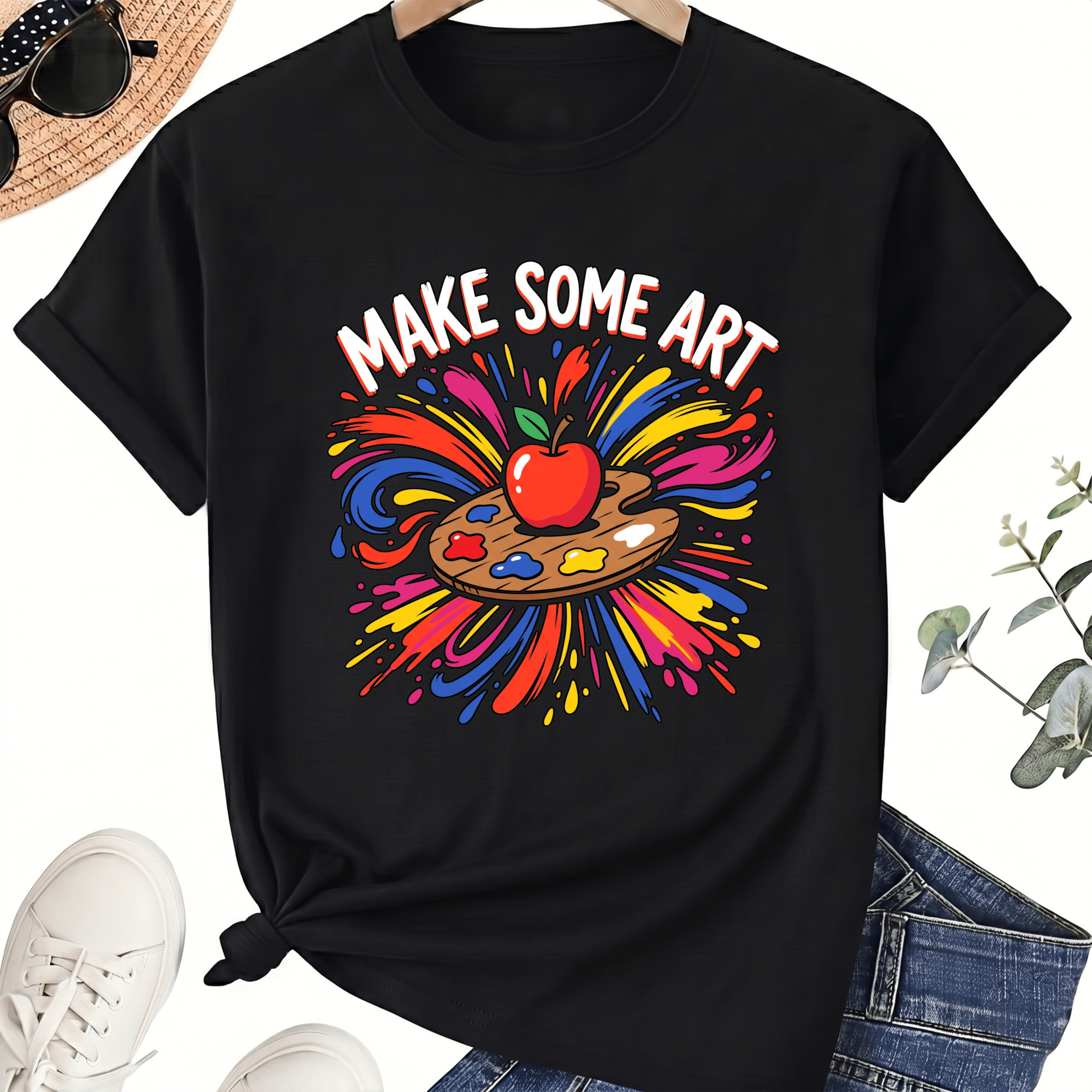 Make Some Art Teacher T-Shirt for Women, 100% Cotton Crew Neck Short Sleeve Shirt, Colorful Art Class Graphic