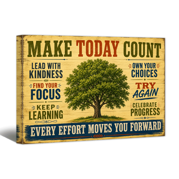Make Today Count Canvas Wall Art Motivational Quotes Picture Print, Positive Retro Artwork Affirming Tree Painting for Home Living Room Bedroom Office Decor