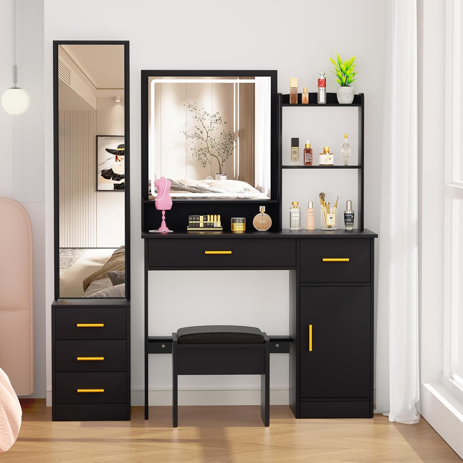 Make up Vanity Desk with Mirror and Lights, Black Makeup Vanity Desk