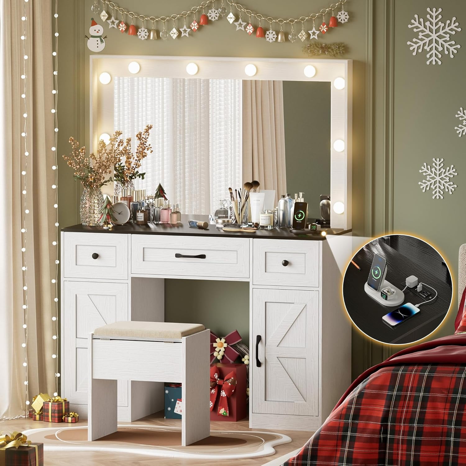 Make up Vanity Desk with Mirror and Lights, White Makeup Vanity Desk