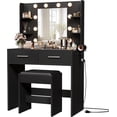 thumbnail image 1 of Make up Vanity Desk with Mirror and Power Outlet, Vanity with 3 Color Light Options Adjustable Brightness,Vanity Desk with 2 Drawers, 6 Storage Shelves (Black, with Bench), 1 of 14