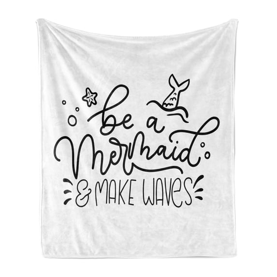 Make Waves Soft Flannel Fleece Throw Blanket, Summer Marine Themed Be Mermaid Words with Starfish and Fish Tail, Cozy Plush for Indoor and Outdoor Use, 50" x 60", Charcoal Grey White, by Ambesonne