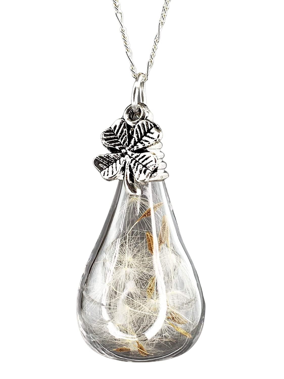 Make a Wish - Lucky Charm - Necklace With Real Dandelion Seeds and Clover Leaf - 925 Sterling Silver - 26 Inches/70 cm Chain - Natural Jewelry - Handmade in Germany - Gift Box