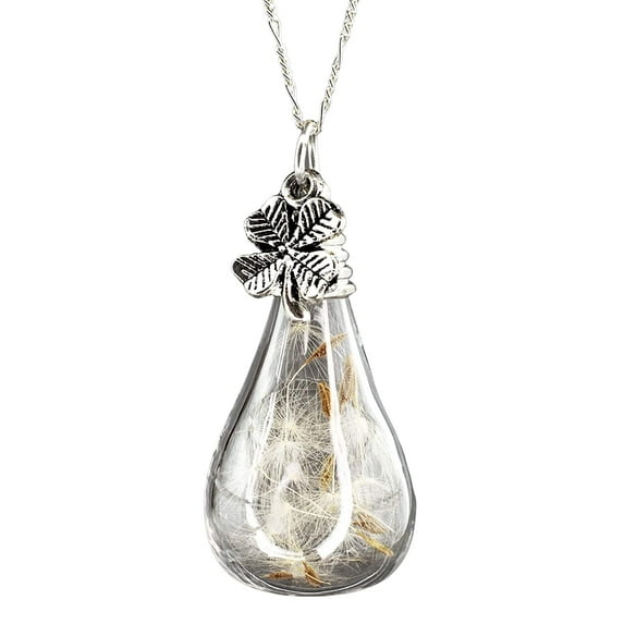 Make a Wish - Lucky Charm - Necklace With Real Dandelion Seeds and Clover Leaf - 925 Sterling Silver - 26 Inches/70 cm Chain - Natural Jewelry - Handmade in Germany - Gift Box