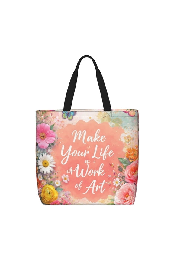 Make Your Life A Work Of Art Custom Polyester Tote Bag Blank, Reusable Shopping Shoulder Bag