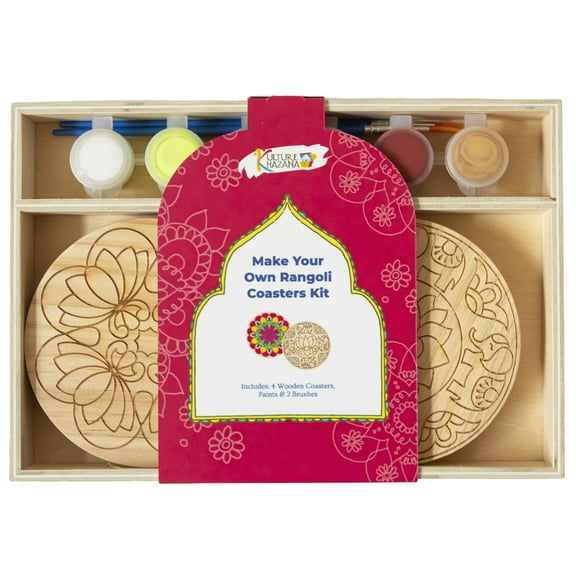 Make Your Own Rangoli Coaster Kit - DIY 4 Wooden Coasters, Kulture Khazana, Use For Holi Activity, Party Or Decoration