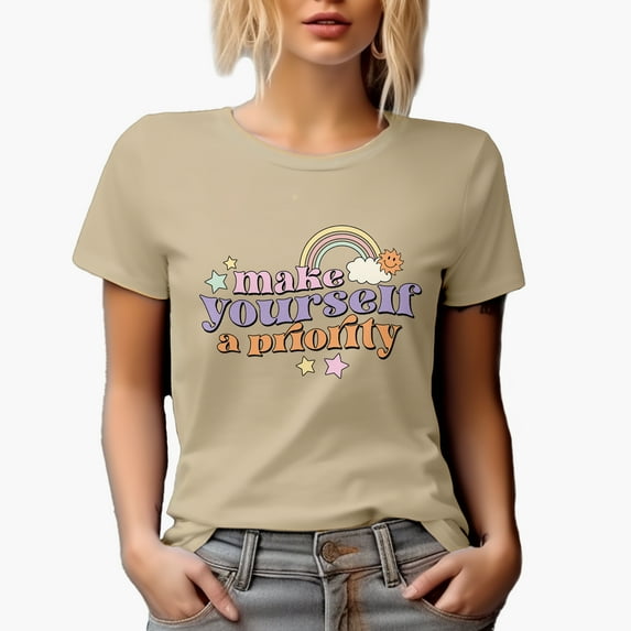 Make Yourself a Priority, Retro Groovy Wavy Text Art Merch Gift, Tan T-Shirt, XL
