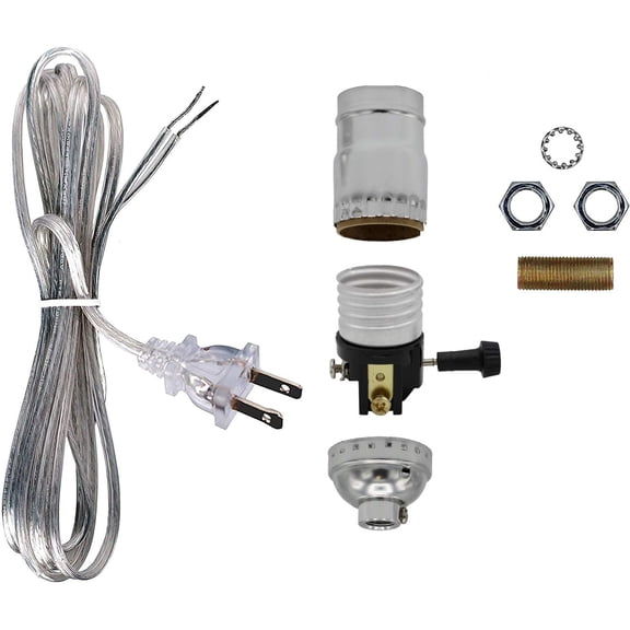Make a Lamp or Repair Kit - All Essential Hardware, 3 Way Socket, and Matching Electric Cord (Silver)