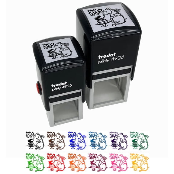 Make a Wish Dragon Trying to Blow Out Birthday Candles Self-Inking Rubber Stamp Ink Stamper - Pink Ink - Small 1 Inch