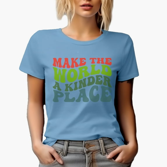 Make the World a Kinder Place, Quote About Kindness, Groovy Retro Wavy Text Merch Gift, Baby Blue T-Shirt, Small