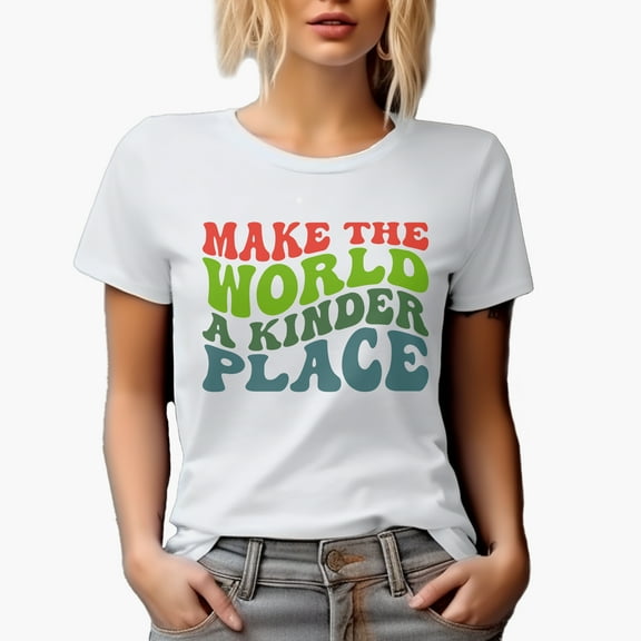 Make the World a Kinder Place, Quote About Kindness, Groovy Retro Wavy Text Merch Gift, White T-Shirt, Small