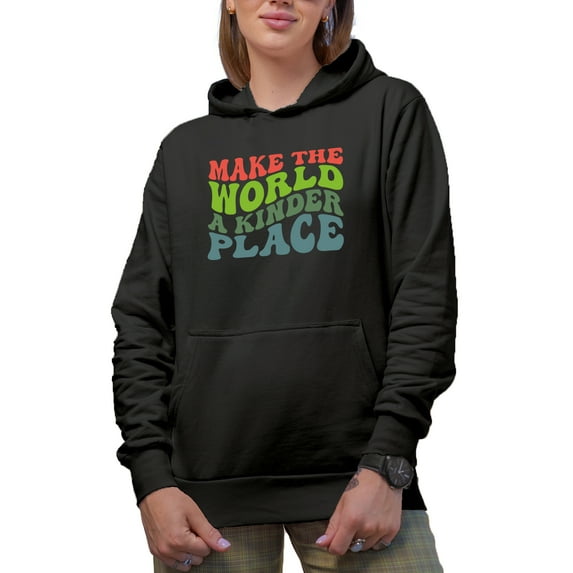 Make the World a Kinder Place, Quote on Kindness, Groovy Retro Wavy Text Merch Gift, Black Hooded Sweatshirt or Hoodie, Small
