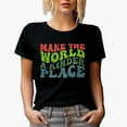 thumbnail image 1 of Make the World a Kinder Place, Quote on Kindness, Groovy Retro Wavy Text Merch Gift, Black T-Shirt, Small, 1 of 5