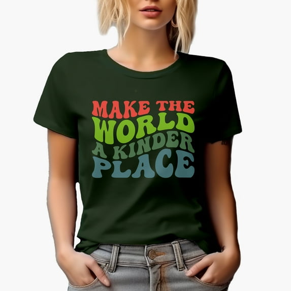 Make the World a Kinder Place, Quote on Kindness, Groovy Retro Wavy Text Merch Gift, Military Green T-Shirt, XL