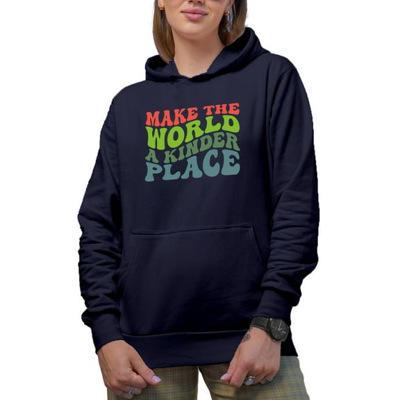 Make the World a Kinder Place, Quote on Kindness, Groovy Retro Wavy Text Merch Gift, Navy Blue Hooded Sweatshirt or Hoodie, Medium