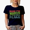 thumbnail image 1 of Make the World a Kinder Place, Quote on Kindness, Groovy Retro Wavy Text Merch Gift, Navy Blue T-Shirt, XL, 1 of 5