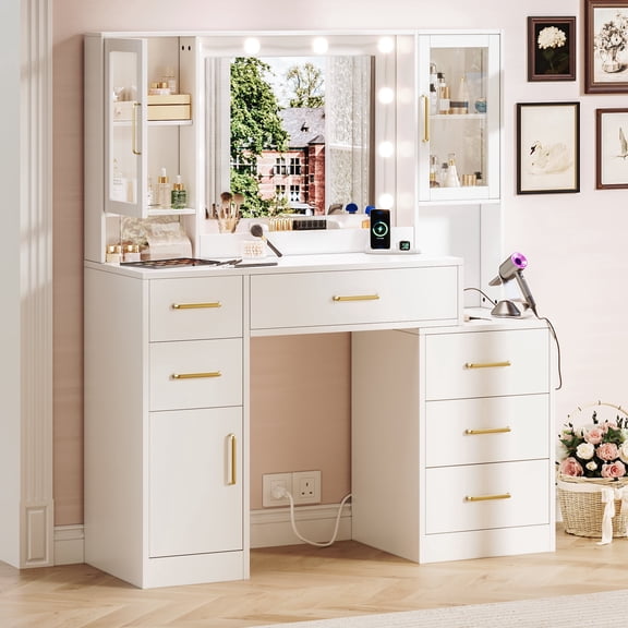 51.2" White Modern Vanity Dresser With 6 Drawers & 3 Cabinets, Mdf Makeup Table For Bedroom, Space-Saving Storage Organizer, Easy Assembly