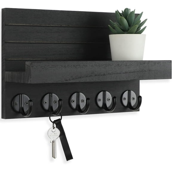 MakeFit Key Holder for Wall, Decorative Key and Mail Holder with Shelf Has Large Hooks for Bags, Coats, Umbrella Paulownia Wood Key Hanger with Mounting Hardware (9.8W x 6.7H x 4.2D)