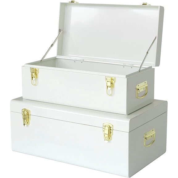 MakeFit Metal Trunk Decorative Storage Box Set of 2 College Dorm Chest with Handle (White)