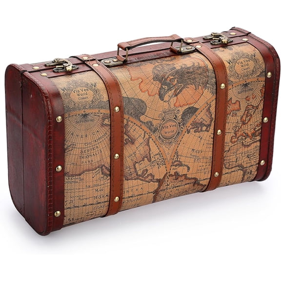 MakeFit Vintage Wooden Storage Chest, Portable Decorative Luggage Suitcase, Treasure Chest Box with Map Pattern, Pirate Keepsakes Box for Gifts, Chest Storage Box for Decor Storage Travel