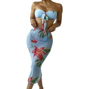 MakeMeChic Women's 3 Piece Floral Bandeau Bikini Set Swimsuit with Swim Beach Cover Up Skirt
