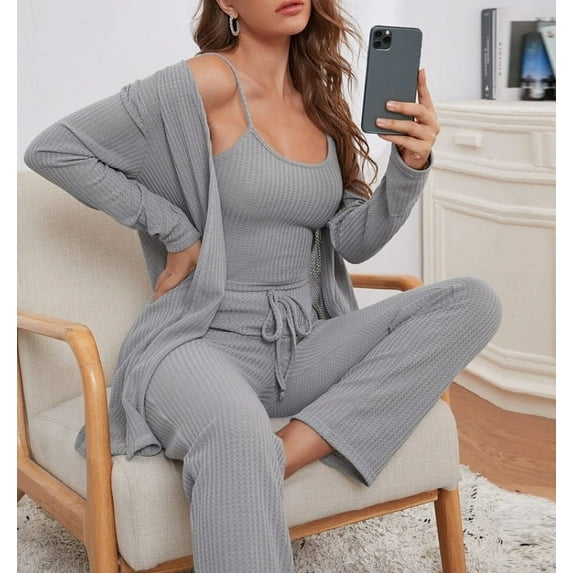 MakeMeChic Women's Lounge Sets 3 Piece Pajamas Set Open Front Cardigan Tank Tops Pants Loungewear Nightwear