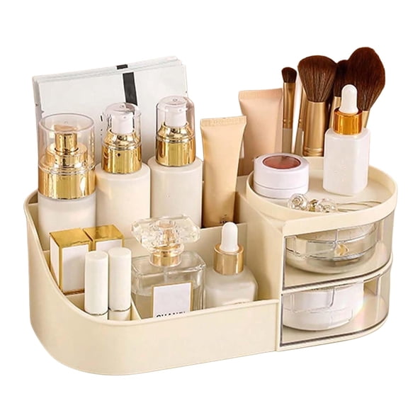 MakeUp Organizer Stand Desk Storage Dressing Table Organiser Cosmetic Organizer Box Skin Care Table Bathroom Organiser Makeup Storage Box Makeup Vanity with Transparent Drawer(Cream)