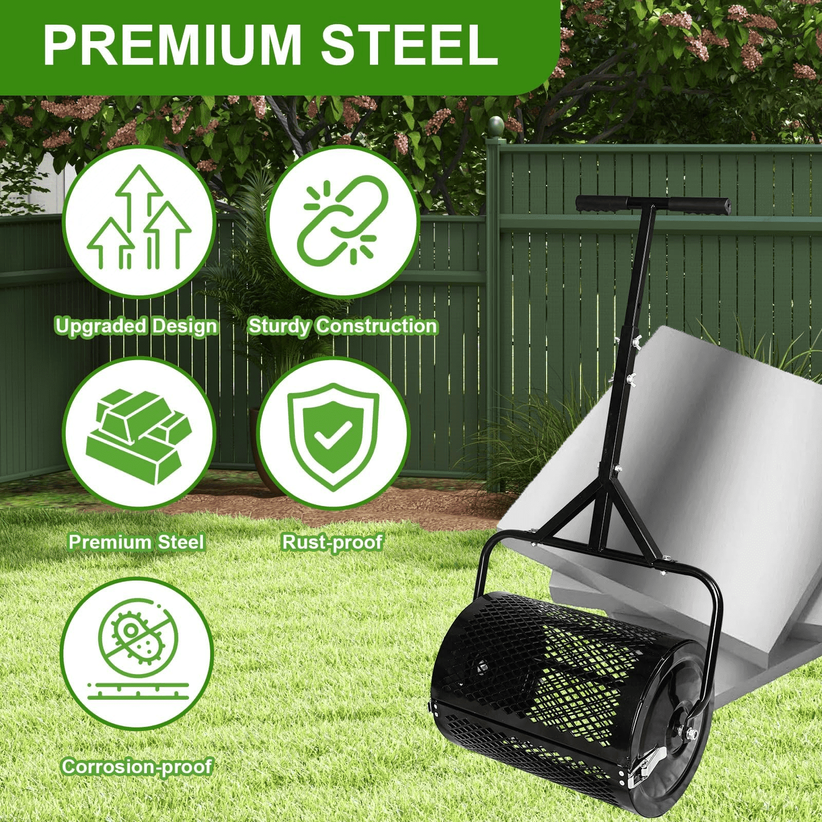 Makeatree 16 inch Compost Spreader and Peat Moss Spreader,  Lawn Roller Spreader with Height Adjustable T Shaped Handle, Steel Mesh Basket Garden for Spreading Manure Topsoil