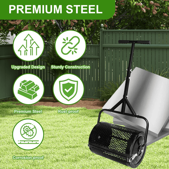 Makeatree 16 inch Compost Spreader and Peat Moss Spreader, Lawn Roller Spreader with Height Adjustable T Shaped Handle, Steel Mesh Basket Garden for Spreading Manure Topsoil