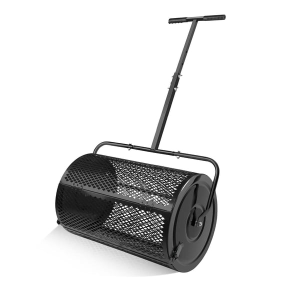 Makeatree 24 Inch Compost Spreader and Peat Moss Spreader, 24" Lawn Spreader Roller Spreader with Height Adjustable T Shaped Handle, Steel Mesh Basket Garden Spreader for Spreading Manure Topsoil