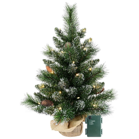 Makeatree 2FT Pre-lit Mini Tabletop Artificial Christmas Tree,Snow Tipped Pine Cones Small Xmas Tree ,with 35 LED Lights, Burlap Base