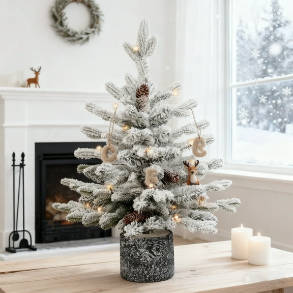 Makeatree 2FT Pre-lit Potted Snow Flocked Christmas Tree Mini Small Artificial Xmas Tree & 30 Lights and 189 PE&PVC Branch Tips for Front Door, Porch