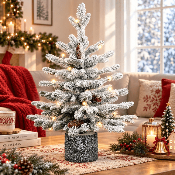 Makeatree 2FT Pre-lit Potted Snow Flocked Christmas Tree Mini Small Artificial Xmas Tree & 30 Lights and 189 PE&PVC Branch Tips for Front Door, Porch