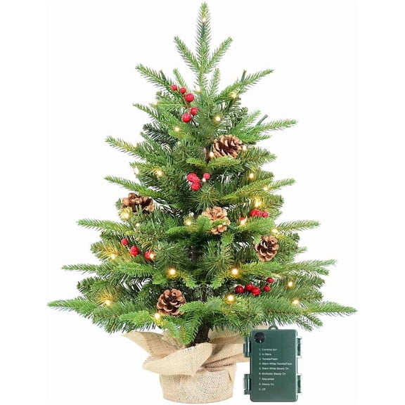 Makeatree 2ft Pre-Lit Small Artificial Christmas Tree, TableTop Mini Xmas Tree with 50 LED Lights 177 PE&PVC Tips Berries&Pinecones, with 8 Light Modes and Burlap Base for Indoor Decor