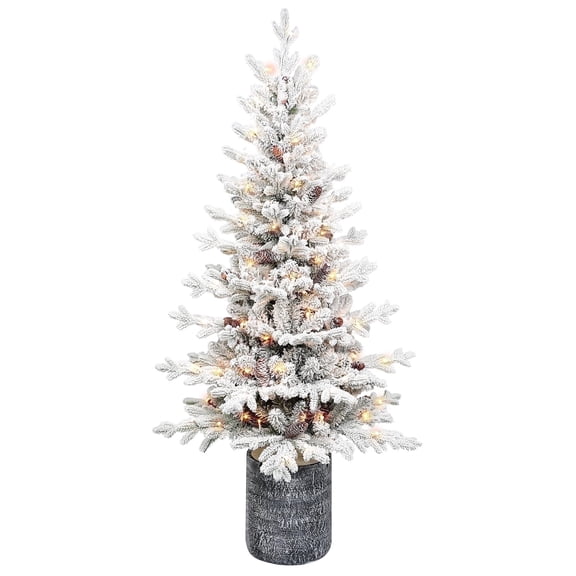 Makeatree 3FT Pre-lit Potted Snow Flocked Christmas Tree Tabletop Small Artificial Xmas Tree & 70 Lights for Front Door, Porch, Indoor and Outdoor