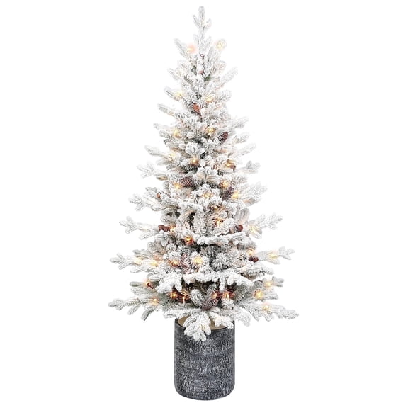 Makeatree 3FT Pre-lit Potted Snow Flocked Christmas Tree Tabletop Small Artificial Xmas Tree & 70 Lights for Front Door, Porch, Indoor and Outdoor