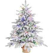 Makeatree 3FT Prelit Snow Flocked Christmas Tree Artificial Small Tabletop Xmas Tree with 100 Led Lights 26 Pine Cones 528 Branch Tip